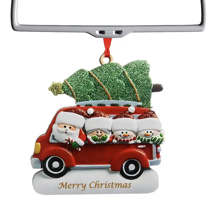 Christmas Tree Family Member Hanging Ornament Santa Snowman In A Red Car With Shiny Green Christmas Tree For Holiday Home Decor