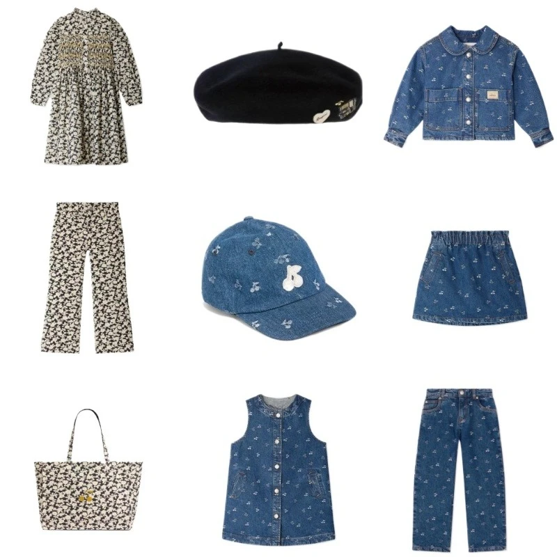 

Детский комплект 2025AW, осенне-зимняя джинсовая серия, вишневый жаккардовый хлопок, куртка для мальчиков и девочек, юбка, платье, длинные брюки, шляпа с принтом