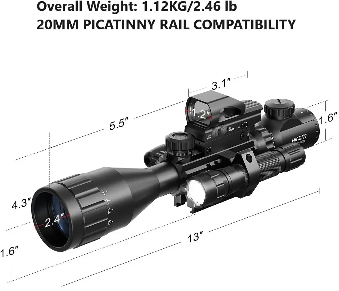 4-16x50 AO Rifle Scope Combo with Green Laser, Reflex Sight, and 5 Brightness Modes Flashlight