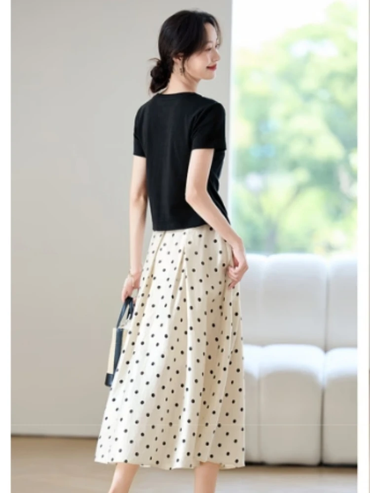 SENTUBILA-Conjunto de falda de 2 piezas para mujer, camisetas informales de algodón puro con cuello redondo y manga corta, faldas de lunares, verano 2025, 152ZC2622Z