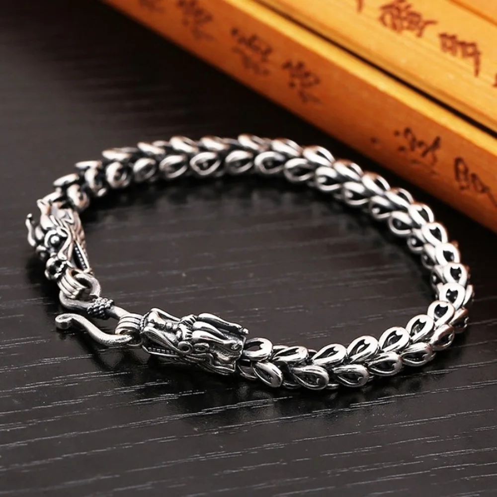 

Real Solid 925 Sterling Silver Chain Men Dragon Head Phoenix Feather Bracelet 21-22g/20cm