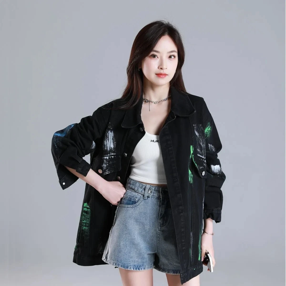 Korean Fashion Denim Jacket Woman Hip Hop Streetwear Style Women Retro Loose Printed Cowboy Coats Painting Design Girl Clothing