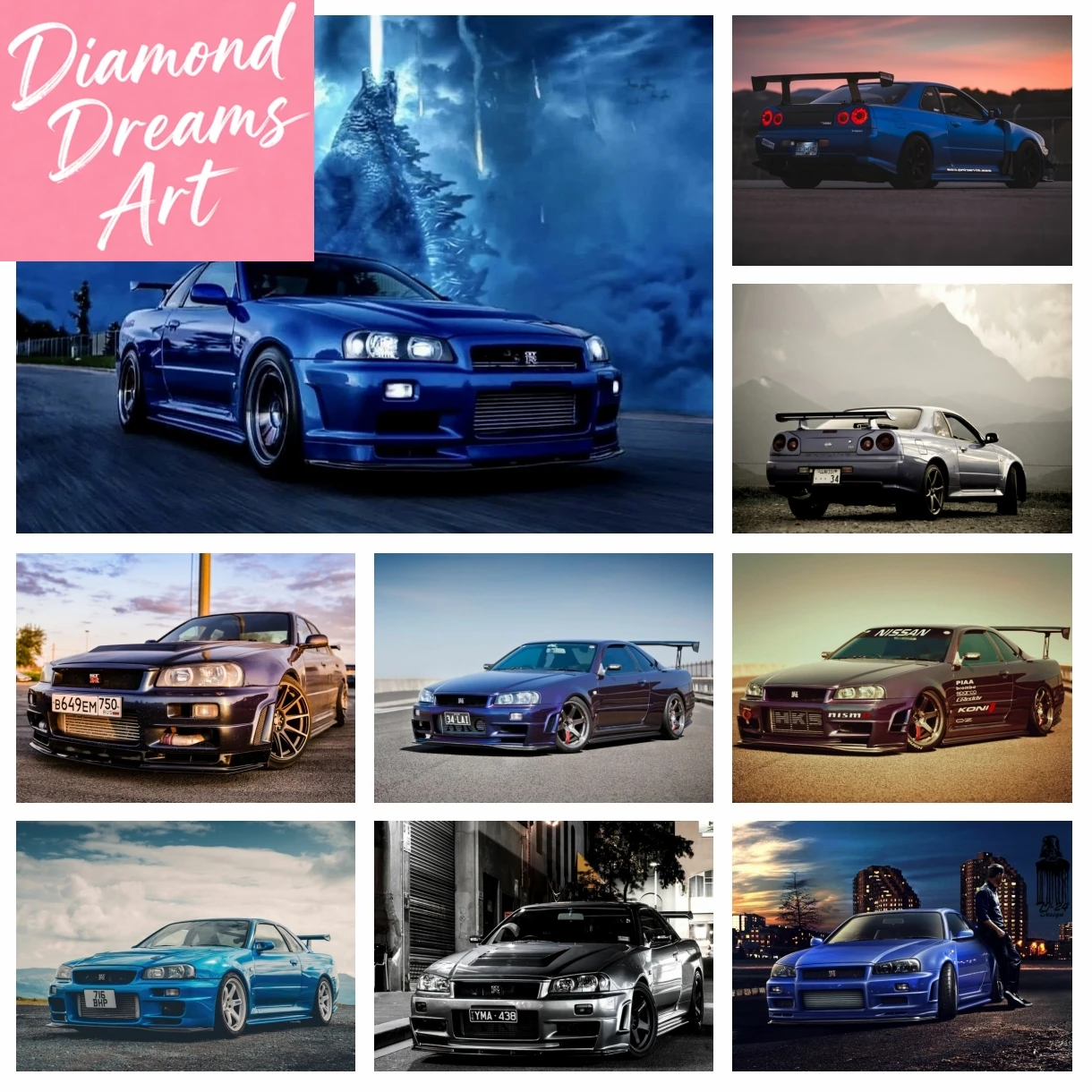 Rahmenlos, GTR R34 4K Wallpaper, vollständig mit Diamant-Strass besetzt, Gemälde, klassischer Sportwagen, Kreuzstich-Set, Stickerei, Bild, Mosaik