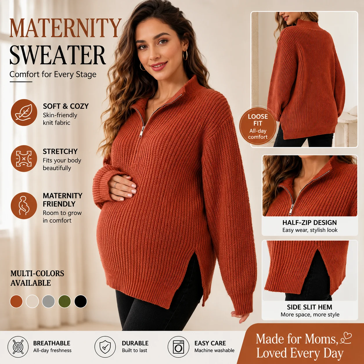 Vintage Fashion Knitted Sweaters Maternity Zipper Up Side Split Oversize Loose Tops for Pregnant Women Autumn Pregnancy
