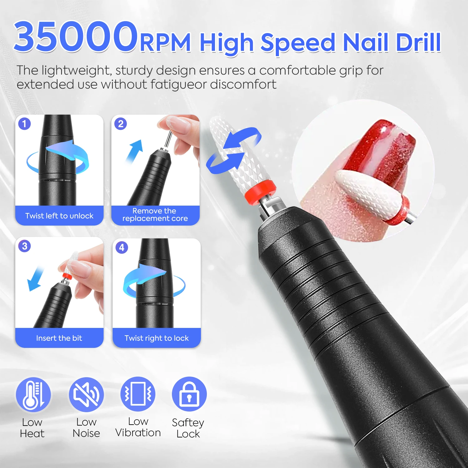 Trapano per unghie senza fili da 35000 giri/min – Strumento per manicure ricaricabile ad alta velocità con display LCD, basso rumore/vibrazione e autonomia di 180 minuti