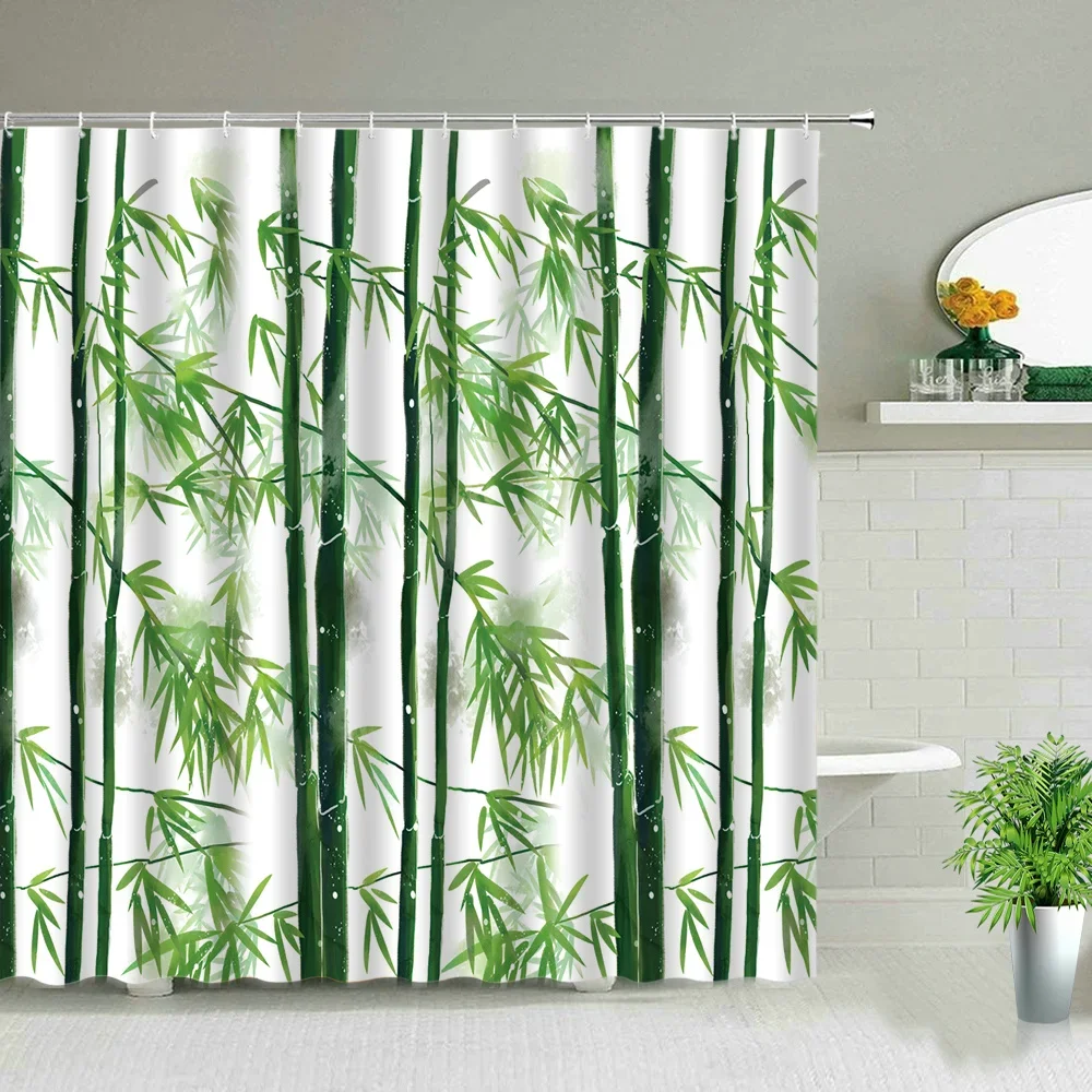 Green Bamboo Zen Stone Flower Chinese Style Landscape Shower Curtains Plant Scenery Bathroom Decor Screen Bath Curtain With Hook