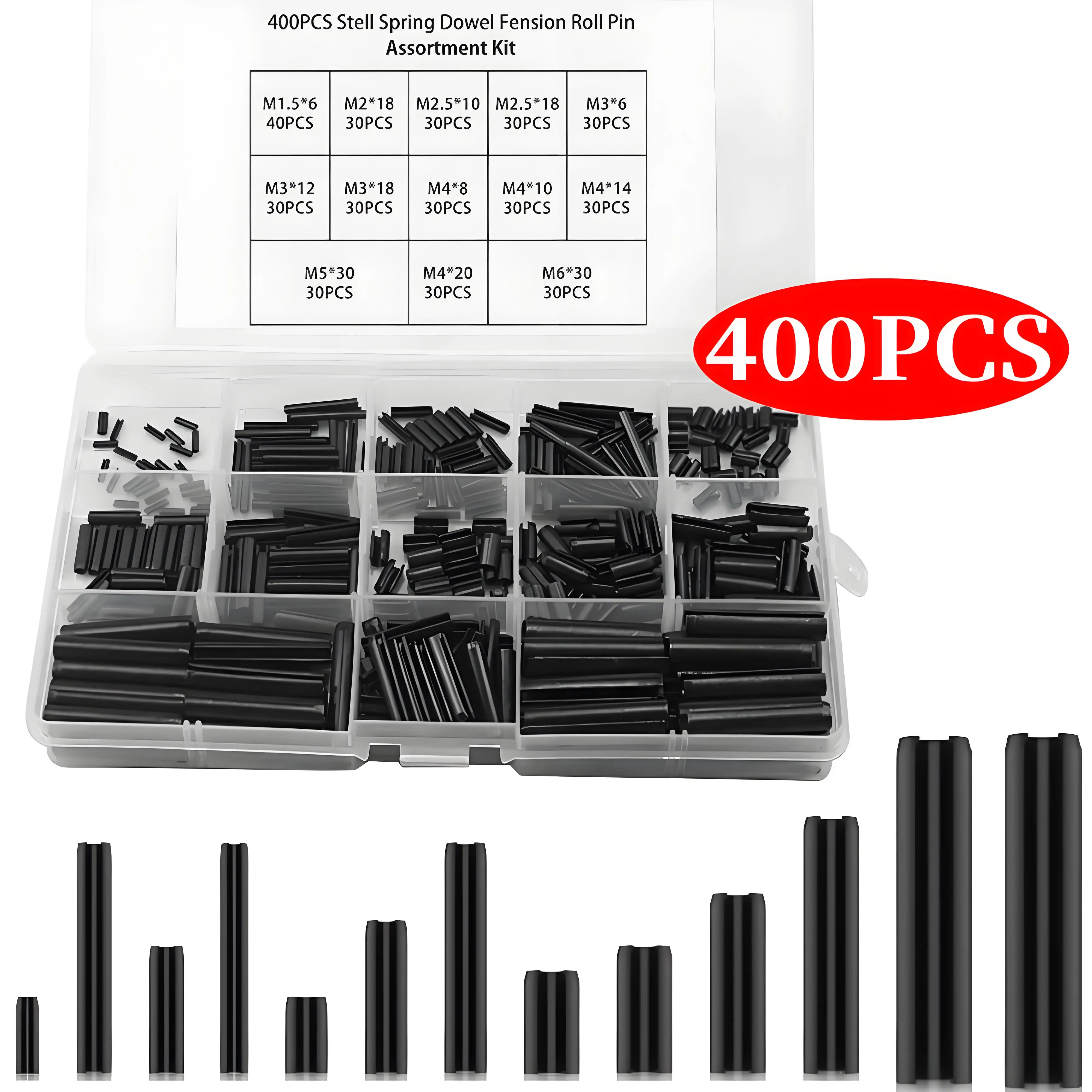 

400Pcs Roll Pin Assortment Set Carbon Steel Slotted Spring Pins Hardware Kit Enduring Split Expansion Pin Fastener Set Metric
