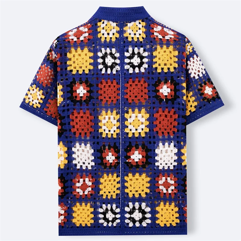 Colorful Plaid Crochet Shirts For Men Short Sleeve Acrylic Lapel Summer Quality Mesh Hollow Breathable Knitted Camisas De Hombre