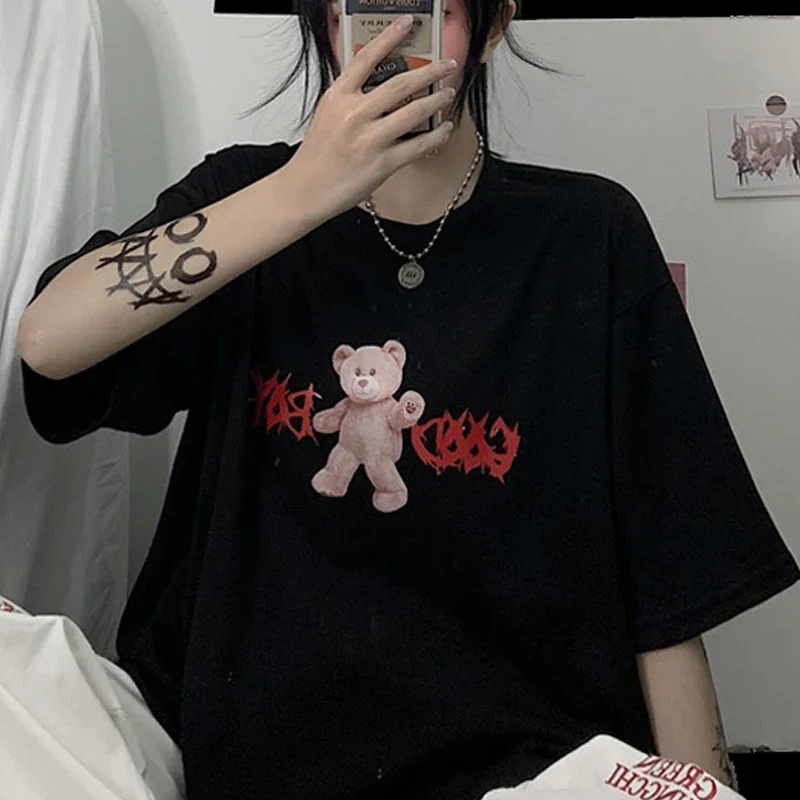 

Korean Cute Bear T-shirts Punk Gothic Women Clothes Top Short Sleeve HipHop Vintage Letter Print Harajuku Women T-Shirt