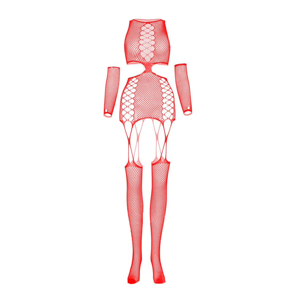 

Однотонное женское боди-чулок из сетки с вырезами, рукавами и открытой промежностью