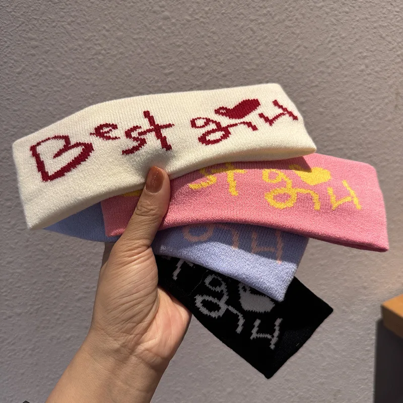 

Knitted Stretch Solid-Color Headband Casual Sports Wide-Brim Hairband Face-Washing Alphabet Girl Headband for Women