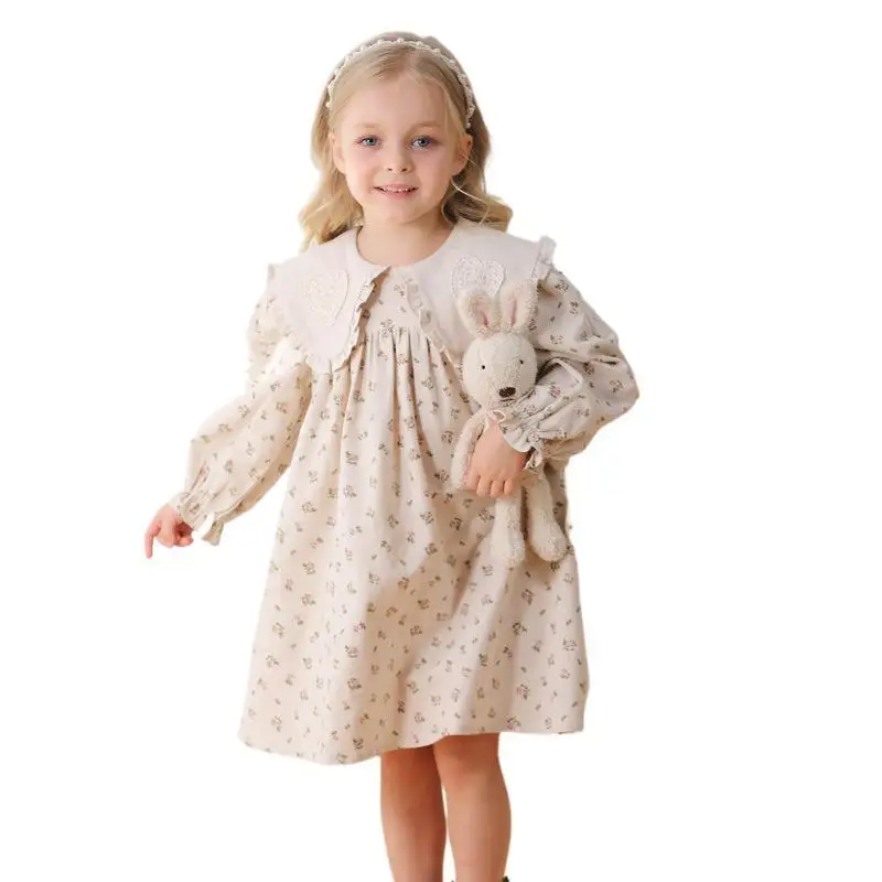 Abbigliamento per bambini vestito da principessa stampato con colletto per bambole in stile coreano 2024 vestito a maniche lunghe floreale dolce di