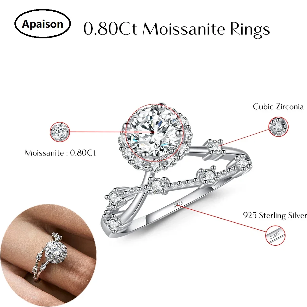 

Apaison 6 mm 0.8 ct Delicate Moissanite Diamond Halo Ring 925 Sterling Silver Crown Rings For Women Wedding Engagement Jewelry