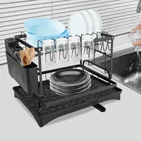 2-Tier Dish Rack: 20kg Carbon Steel with 360° Rotation - 42x30cm Black Drying Rack & Drain Tray