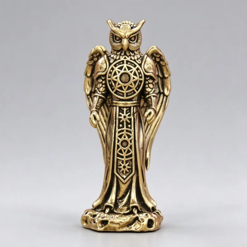 Brass Owl Prophet Figurine Retro Winged Owl Warrior Statue Desktop Ornament Vintage Metal Tabletop Decor Collectible Craft Gift