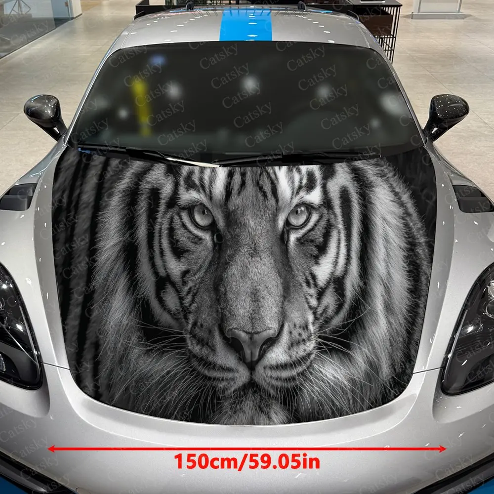 Car Decal Tiger with Black & White Artistic Fusion in Hyper-Realistic Design, Creating a Bold and Intense Visual Car Hood Sticke
