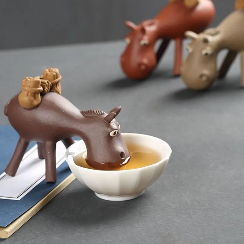 Yixing Zisha Tea Pet Donkey Sculpture Handmade Ceramic Figurine for Gongfu Tea Tray Desk Decoration Luck Wealth Symbol