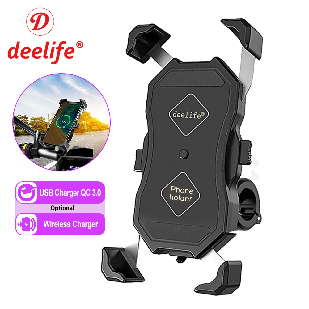 Deelife Mobile Phone Holder Motorcycle Support QC 3.0 USB Qi Charger Waterproof X-Grip for Scooter Moto Motor Bracket