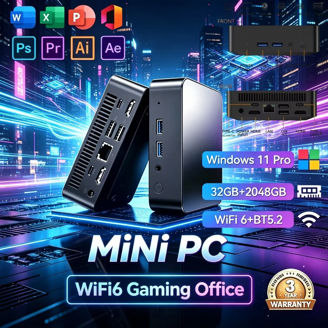Core I3 6100 Powerful Pocket Mini PC Win11 16GB 32GB RAM 1TB 2TB SSD 4KHD WiFi 6 Gaming Desktop PC for Home Office