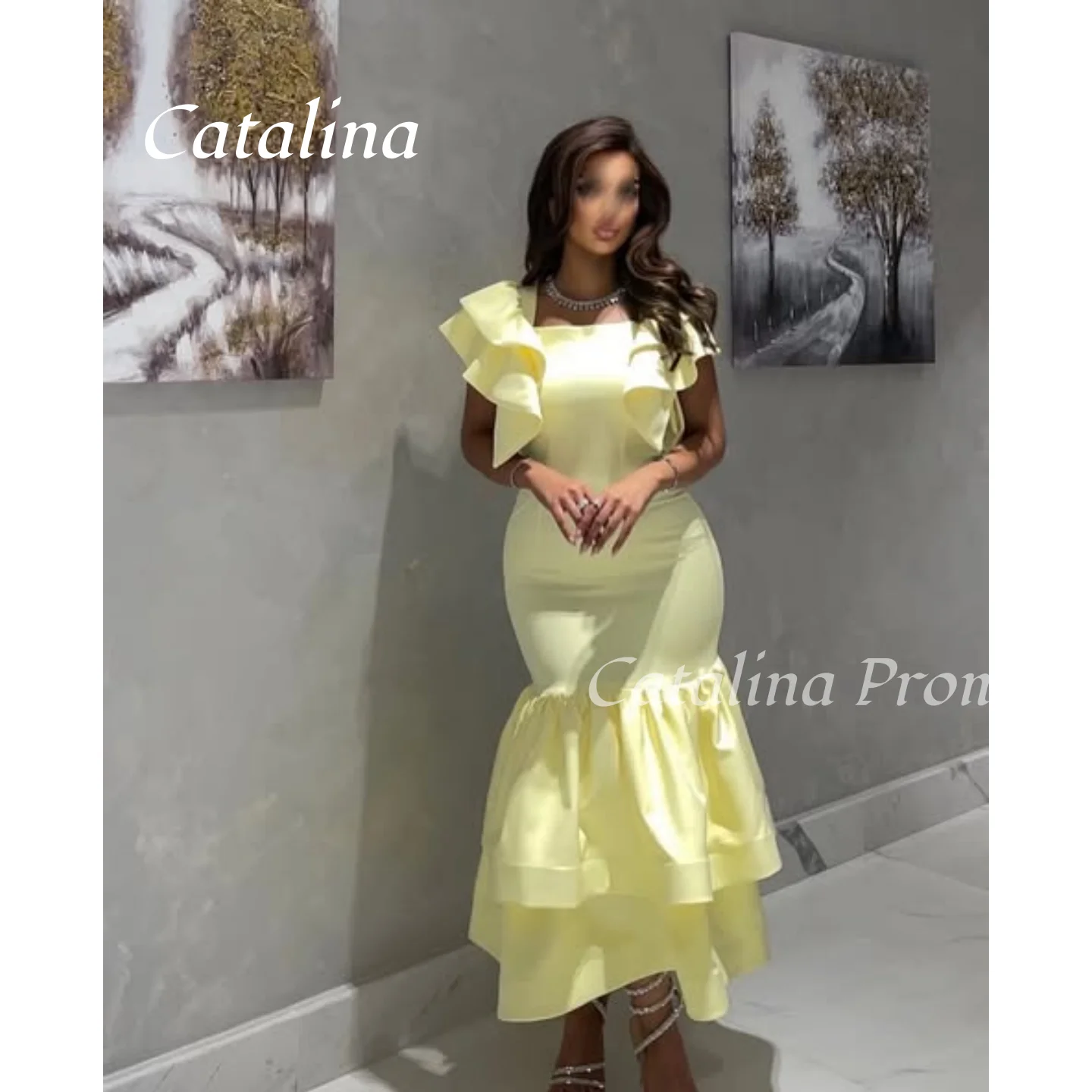 

Mermaid Yellow Prom Gown Gorgeous Short Evening Dresses Pleated Elegant Wedding Dresses Customized Strapless Zipper Up 2026