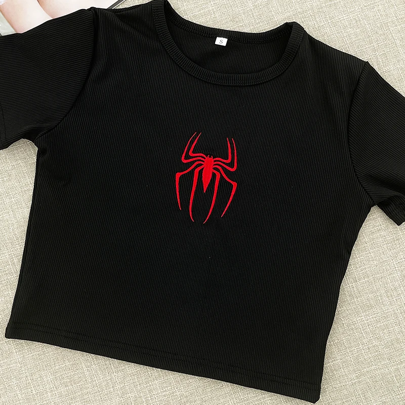 Y2k Spider Prints Crop T-Shirt Street Cropped Navel Women Short Sleeve Comfortable Breathable Stretch Soft Female Clothes