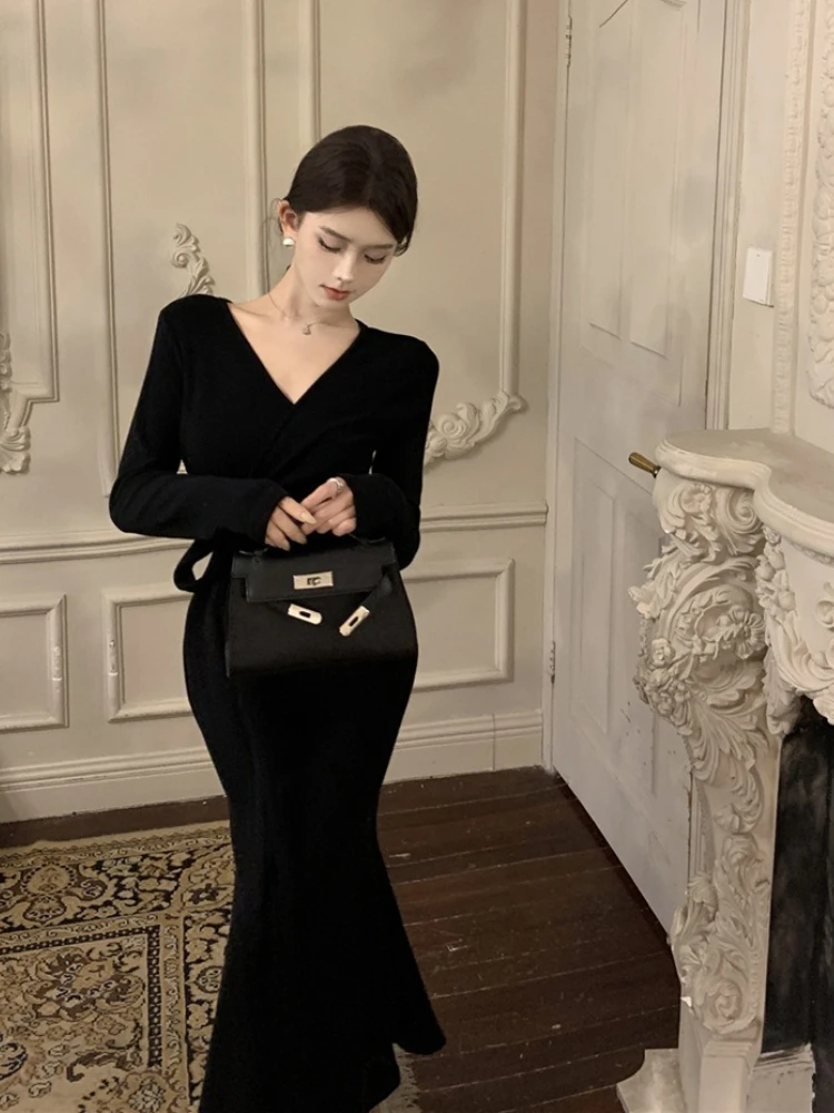 Robe longue en tricot, col en v croisé, manches longues, fente latérale, moulante, amincissante, Vintage, Boho, Chic, cravate à la taille, nouvelle collection automne hiver 2025