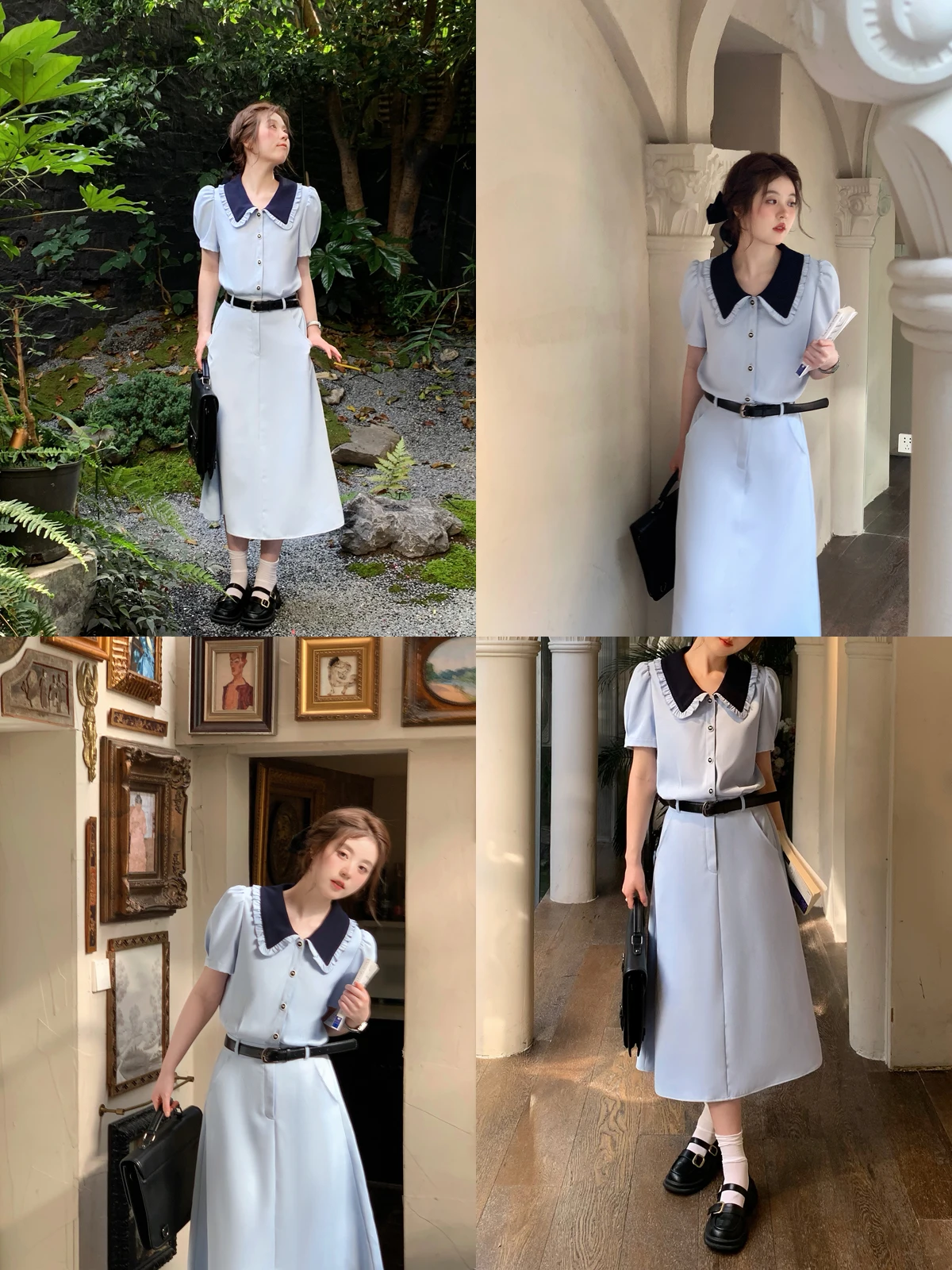 

Синее платье А-силуэта с плиссированной высокой талией и пышными рукавами для женщин больших размеров, молодежное, в студенческом стиле, с воротником-стойкой