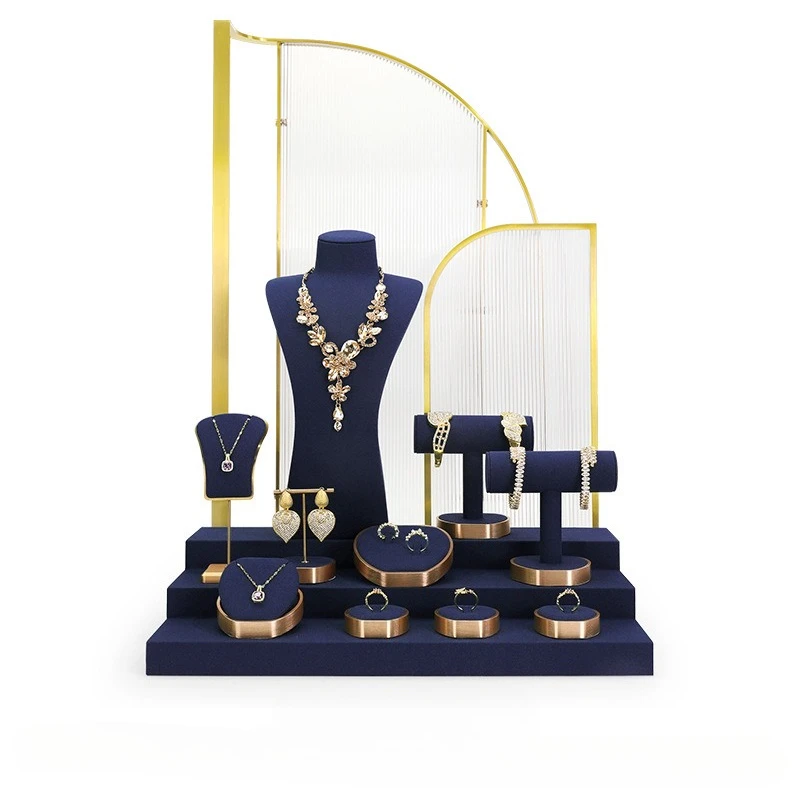 Display window jewelry props, blue microfiber staircase jewelry display stand, necklace, ring, earring display rack