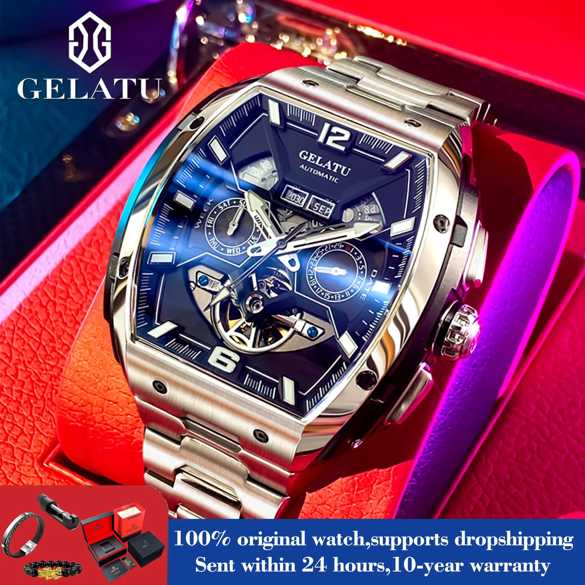 GELATU 6013 Man Watch Top Brand Date Week Mechanical Watch For Man Big Dial Hollow Luxury High End Business Watch 50M Waterproof
