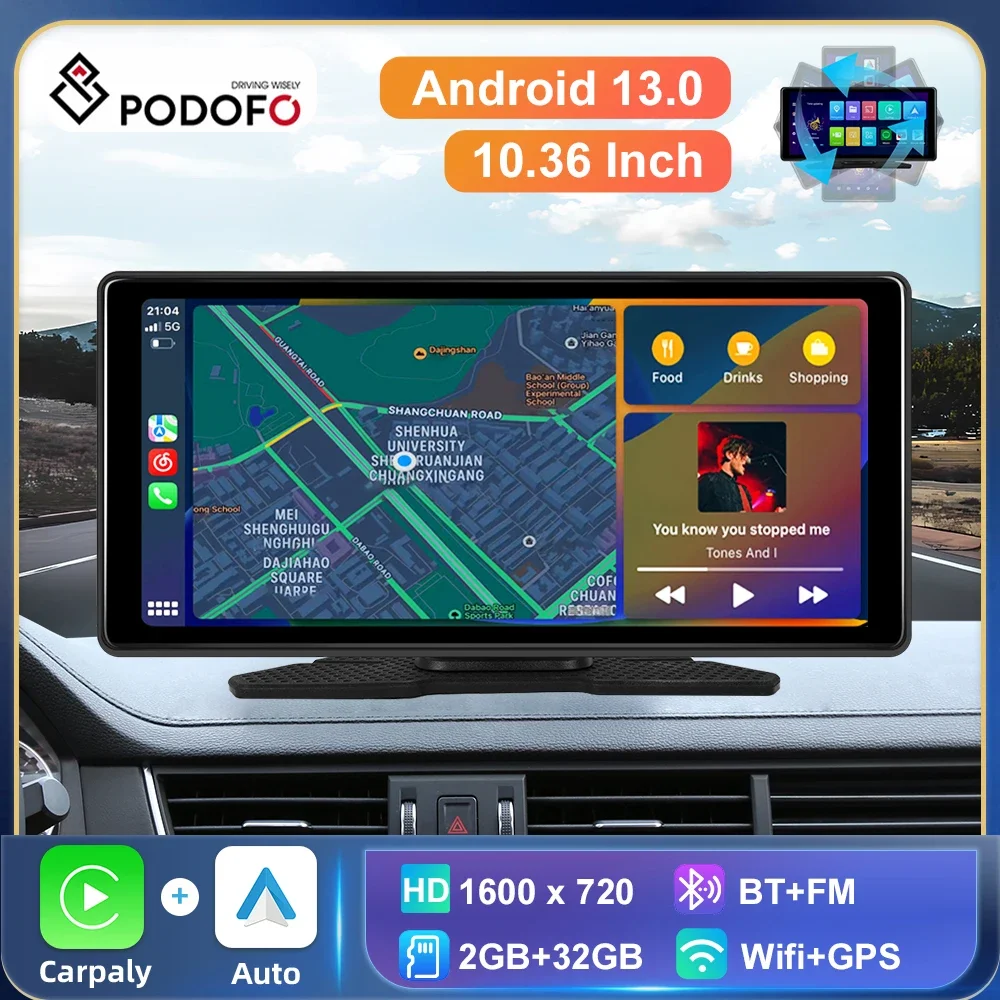 

Podofo 10.36" Android13 2+32G Carplay Monitor Wireless Carplay Android auto Airplay Screen Dashboard WIFI GPS Navigation BT/AUX