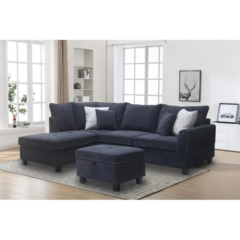 Black Fabric Sectional Sofa with Left Chaise and Storage Ottoman - Modern Living Room Furniture, Comfortable Couch for Home