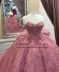 Vestido De quinceañera con cuentas rosas brillantes, vestido De baile De quinceañera, dulce escote en forma De corazón, vestido De lentejuelas De oro rosa con cordones, 15 Años