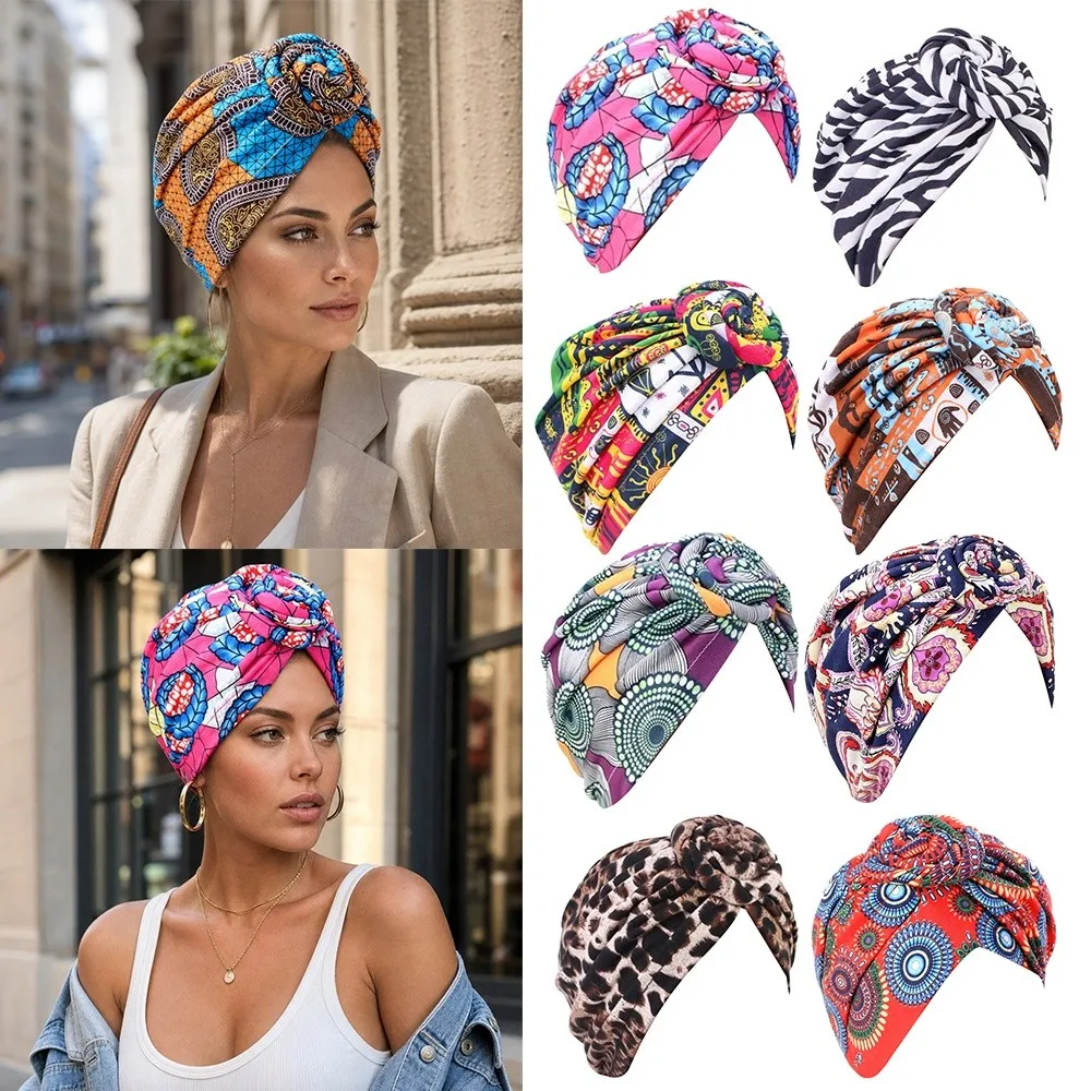 African Print Hijab Caps Knotted Style Wrap Twist Knot Turban Hat Soft Comfortable Elastic Chemo Head Cover All Match Decor