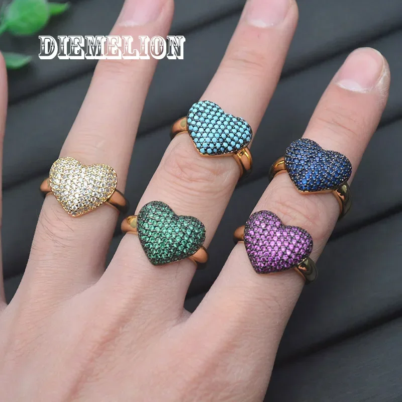 Full Micro Paved Colorful CZ Heart Rings for Women Gold/Silver Plated Adjustable Wedding Bands Girlfriend Valentines Jewelry