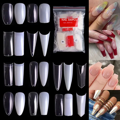 Puntas de uñas postizas naturales transparentes, cubierta completa, prensa en puntas de uñas, ataúd cuadrado francés, almendra, 500 unids/lote por bolsa