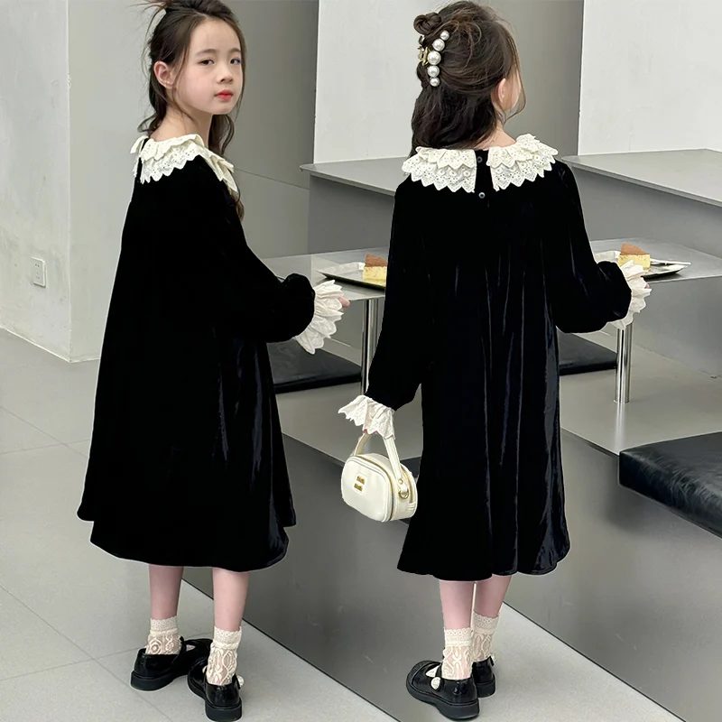 

Elegant Child Long Sleeve Black Corduroy Dress With Lace Collar for Girl Autumn Evening Wear Kids Princess Retro Wedding Clothes
