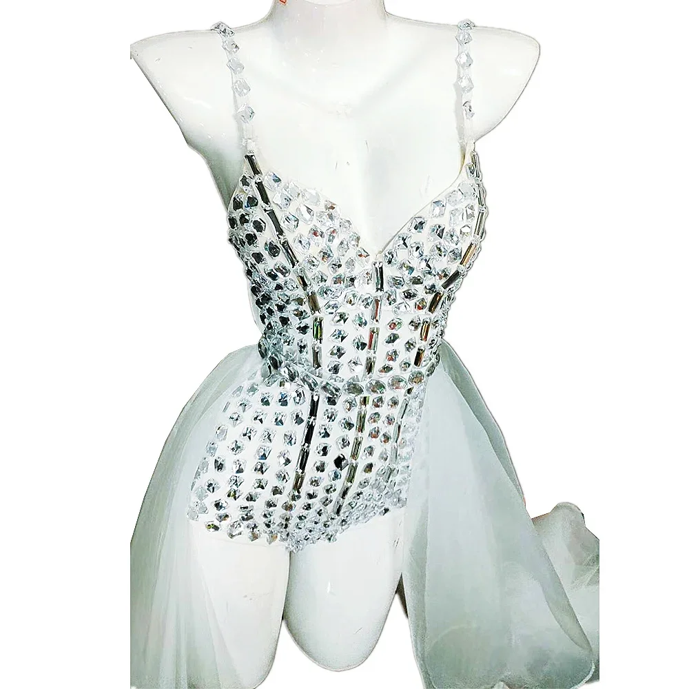 

White Spaghetti Strap Shining Crystal Rhinestones Backless Sexy Women Bodysuits With Tassel Bar DJ Cloth Stage Singer Costume