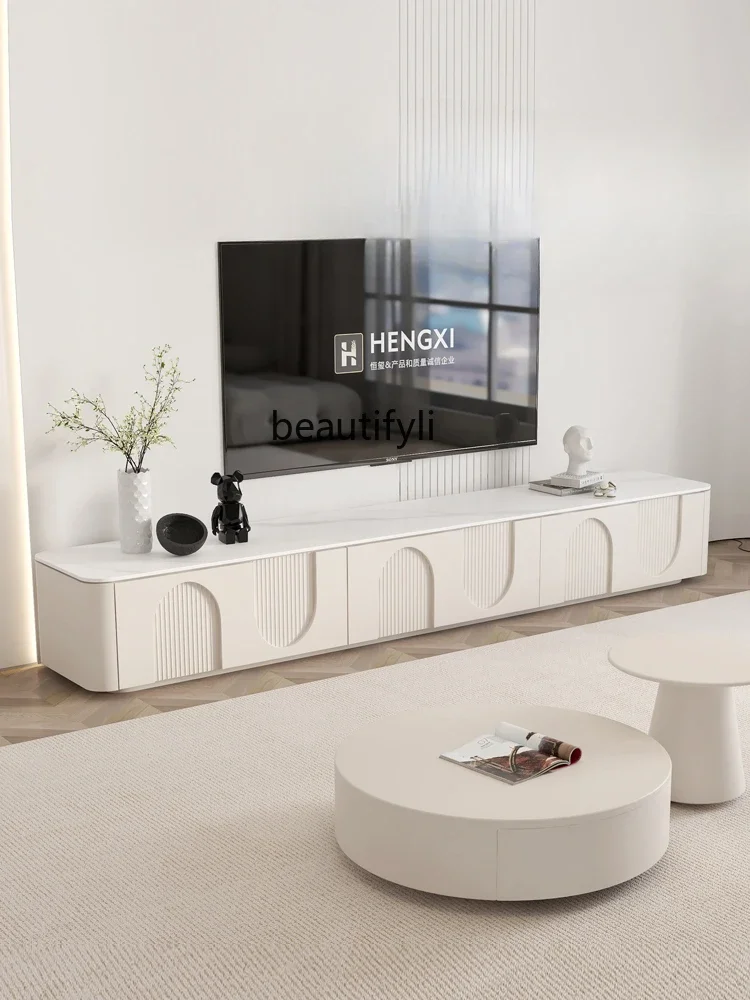 

zxqModern Minimalist Light French Retro Cream Style White Floor Coffee Table TV Cabinet Stone Plate Simple Modern Furniture