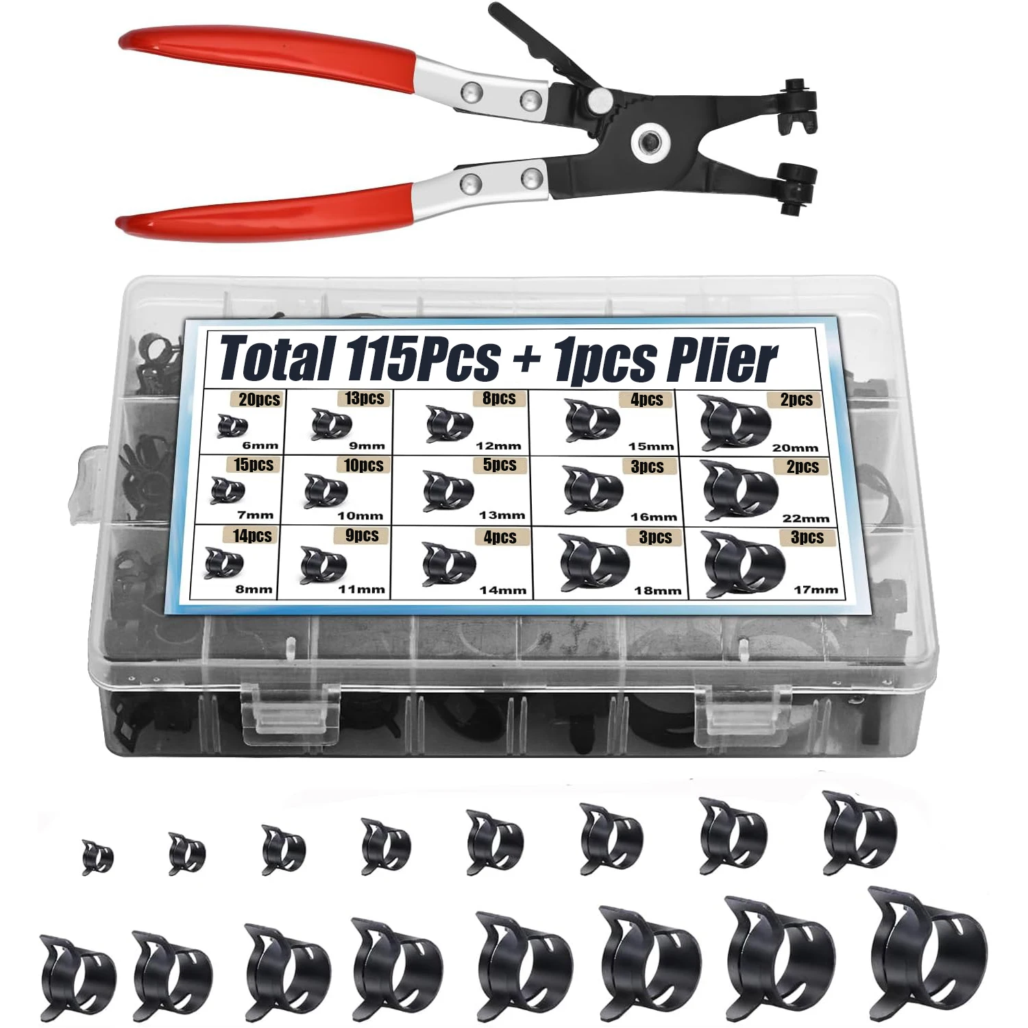 

115Pcs 6-22mm Black Q673B Vacuum Spring Fuel Oil Water Hose Clip Pipe Tube for Band Clamp Metal Fastener Assortment Kit + Plier