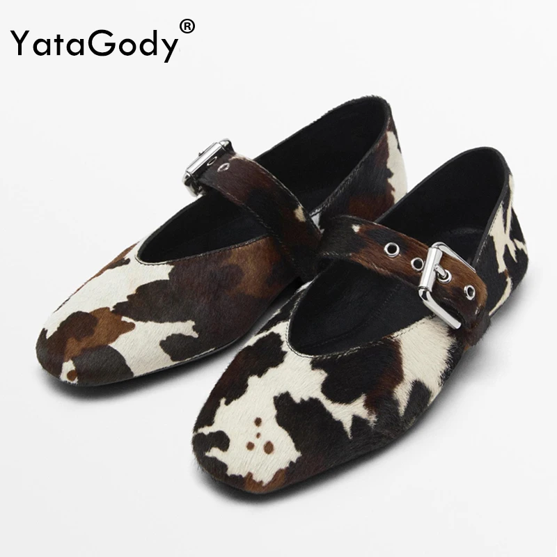 YATAGODY Women Cow Pattern Flats Shoes Horsehair Real Leather Casual Mary Jane Shoes Classic Square Toe Leisure Daily Office