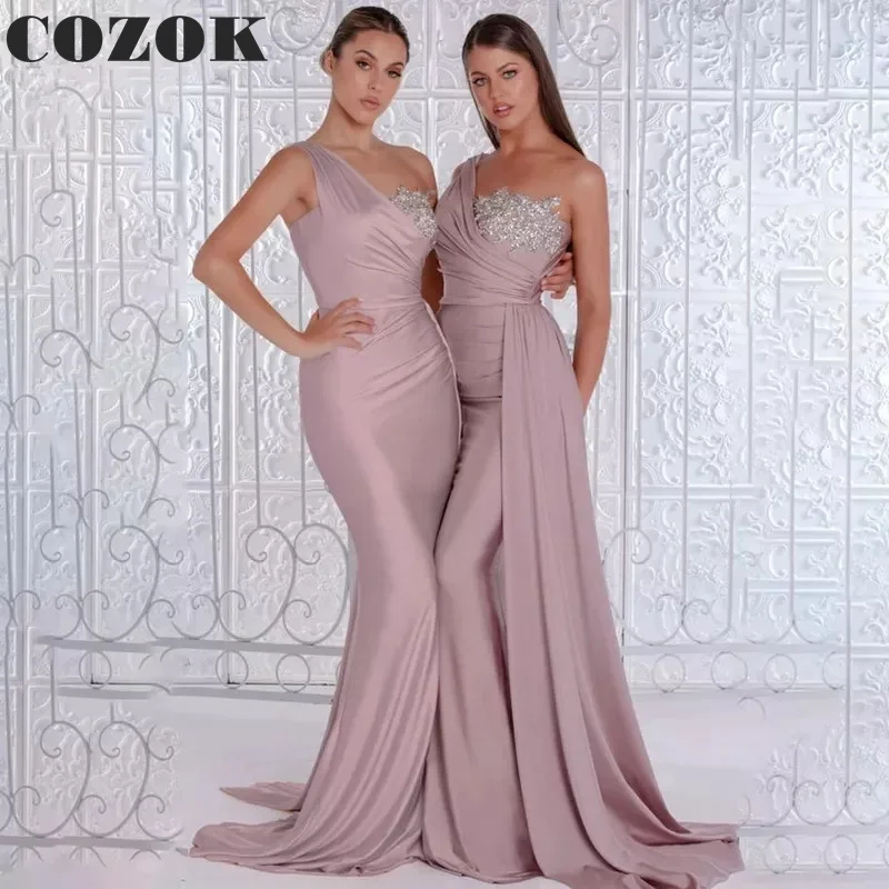 Sexy Luxury Mermaid Bridesmaid Dresses Satin Crystal Beaded One Shoulder Sweetheart Pleat Elegant  Floor-Length Prom Gown DC99