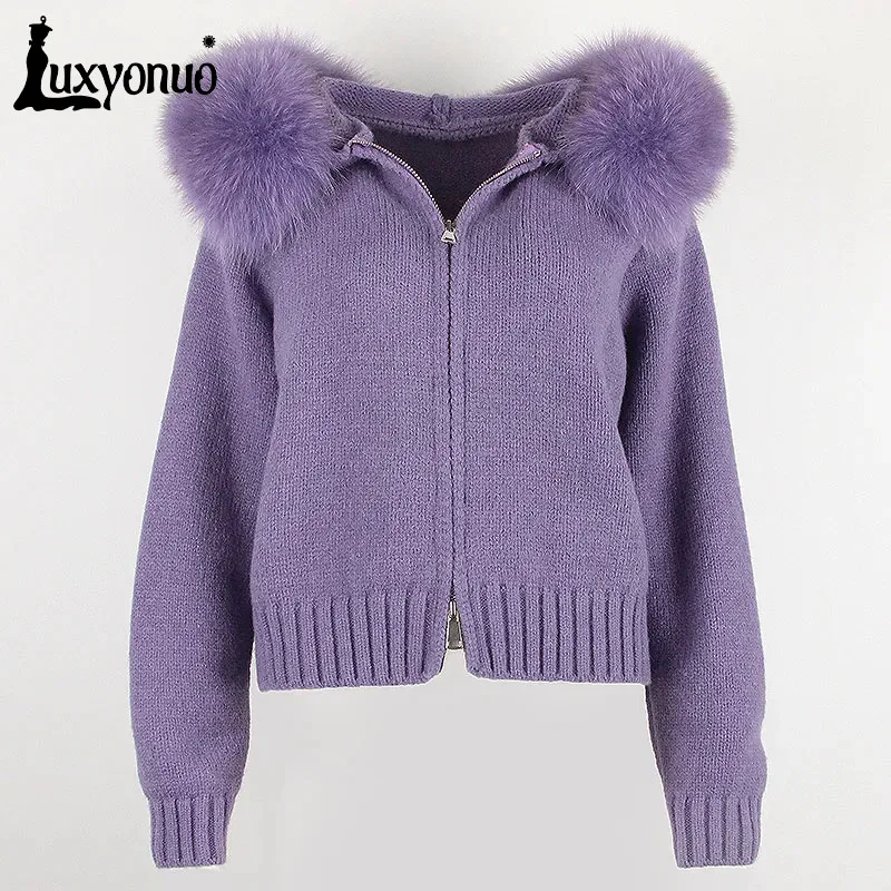 Luxyonuo Women's Sweater With Hooded 2023 Autumn Casual Knit Short Coat With Real Fox Fur Collar Ladies Fashion Zipper Cardigan