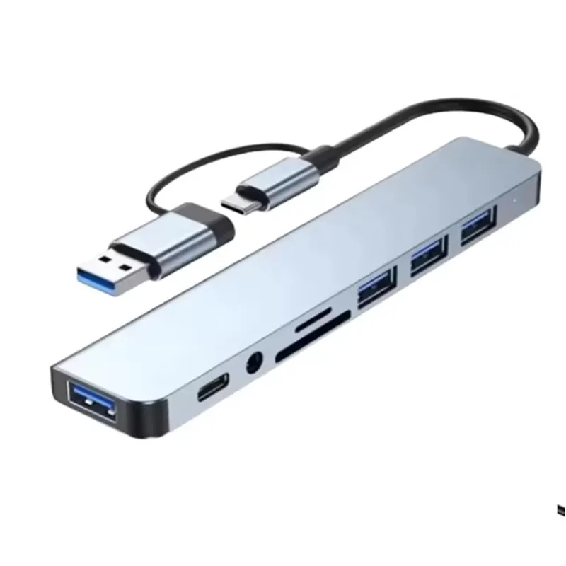    ฮับ USB C แบบ 8 in 2 พร้อมอะแดปเตอร์แจ็คเสียง 3.5 มม. ช่องอ่านการ์ด Micro SD สำหรับแล็ปท็อป แท็บเล็ต โทรศัพท์ และตัวแปลงดิสก์