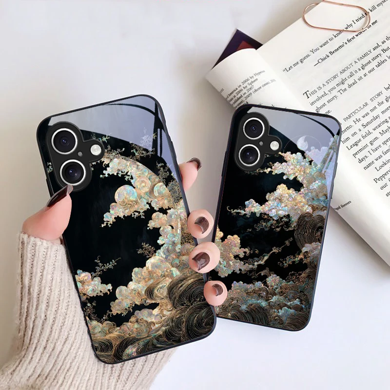 Golden waves and flowers For iPhone 16 Pro 17 Pro Max 11 12 mini 13 14 XR XS Max 16E 7 8 SE 5 6 Plus Air Black Glass Phone Case
