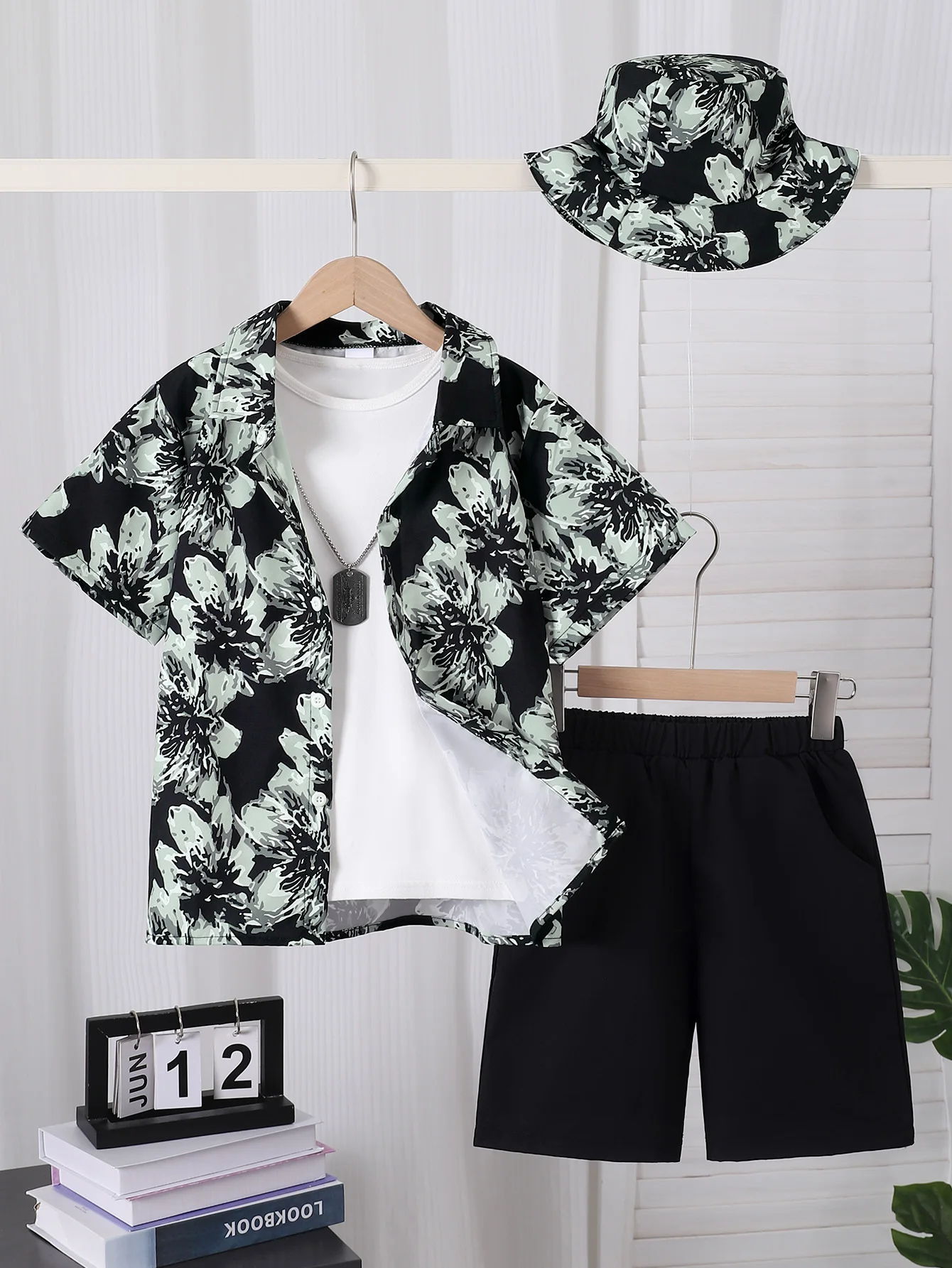Conjunto de 3 peças para meninos, camisa e shorts de verão para crianças, conjunto com chapéu para férias ao ar livre, uso casual diário