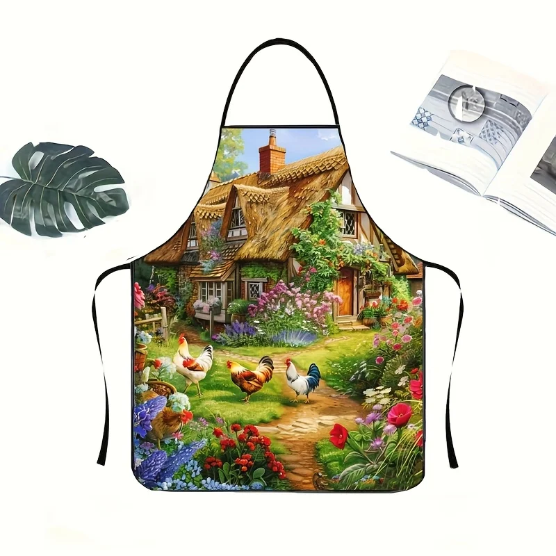 

"Charming Cottage Apron - Rustic Farmhouse Design with Chickens and Flowers, Ideal for Kitchen Cooking and Country Lovers"