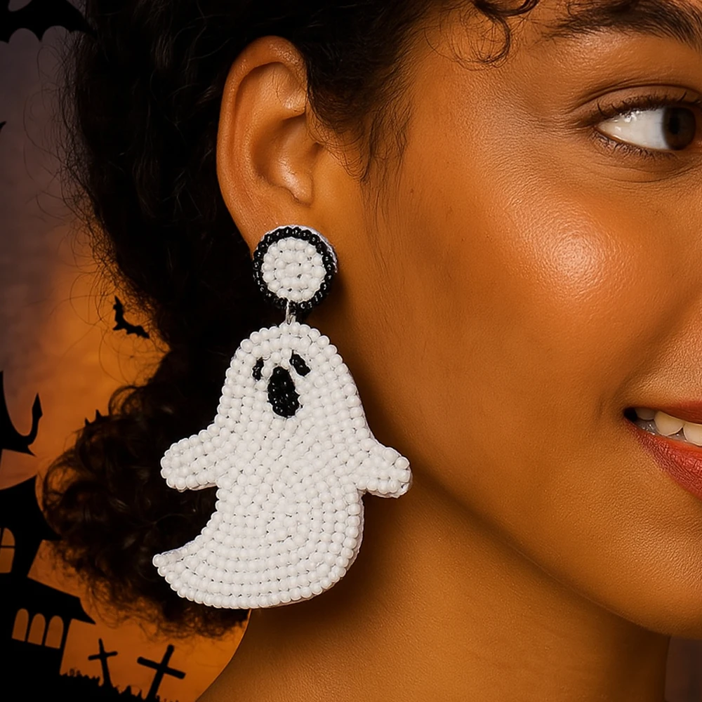 

1 Pair Halloween Cute Ghost Beaded Earrings Handmade Seed Bead Statement Jewelry for Women Cute Costume Party Drop Earring