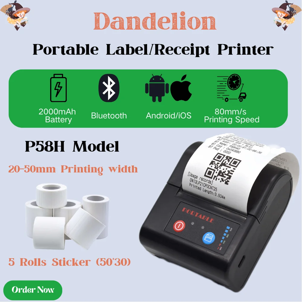 2 Inch Portable Thermal Printer 2 In 1 Wireless Receipt & Barcode Printer High Printing Speed Label Sticker Printer