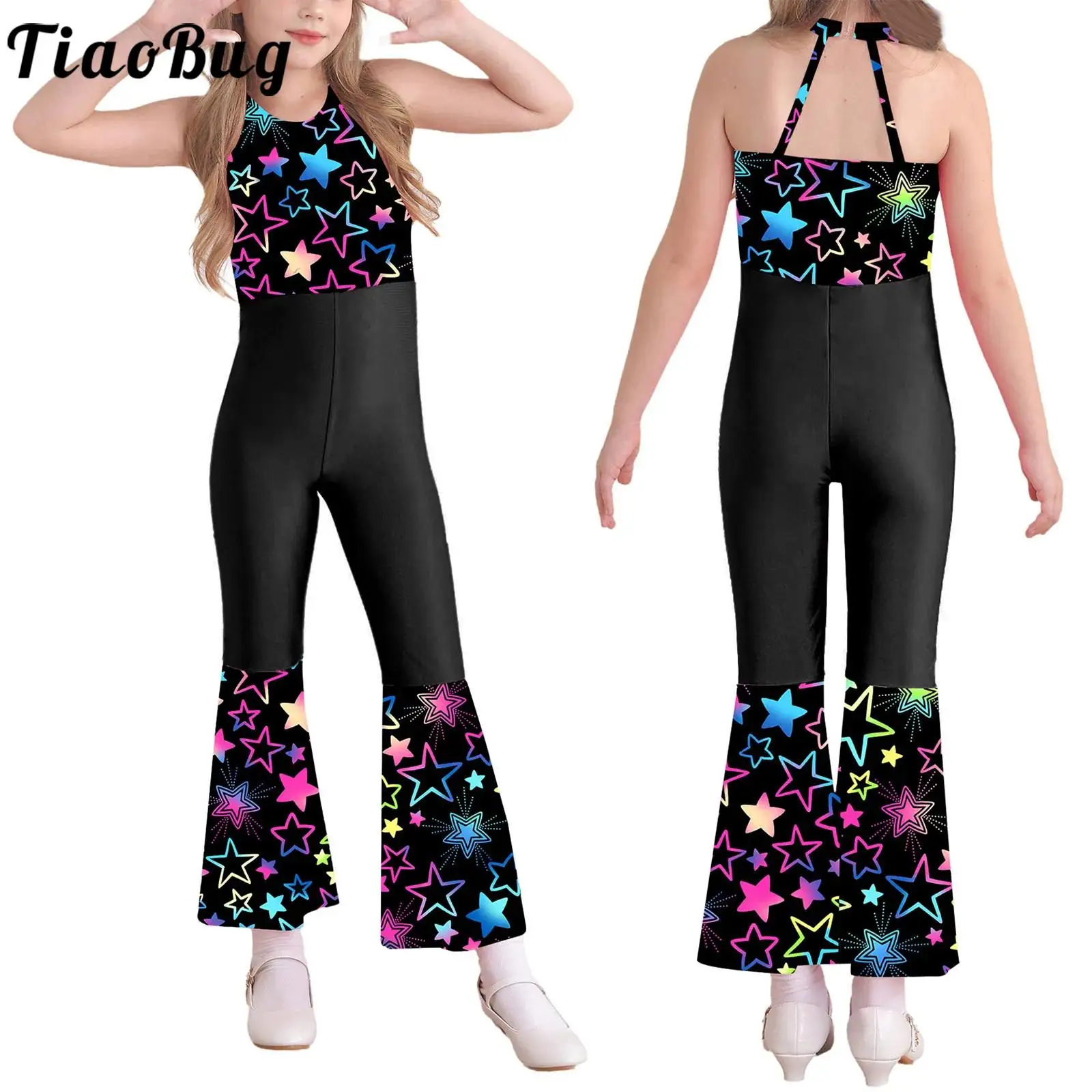 Kids Girls 70s Retro Hippie Disco Costume Halloween Carnival Festival Party Jazz Dance Sleeveless Print Bell Bottom Jumpsuit