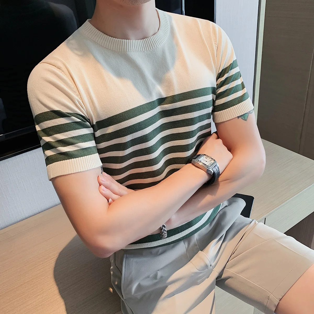 

Мужская летняя тонкая дышащая футболка-поло из трикотажа в полоску, облегающая, с круглым вырезом, модная